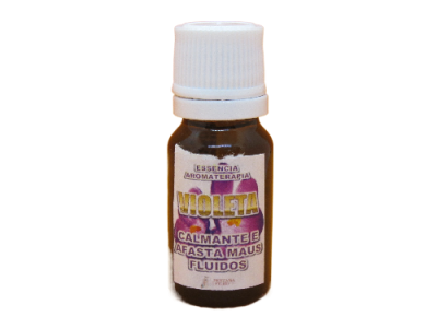 Frasco pequeno de essência de aromaterapia com etiqueta roxa e amarela