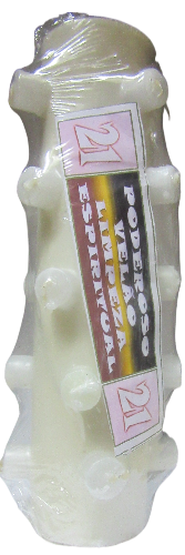 Vela decorativa branca com protuberâncias e etiqueta com texto