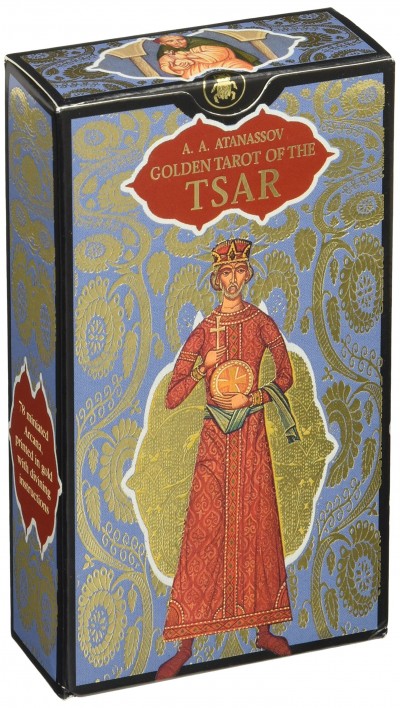 Caixa de tarot azul e dourada com figura real e texto Golden Tarot of the Tsar