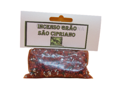 Pacote de grãos vermelhos de incenso São Cipriano com rótulo branco e texto em dourado