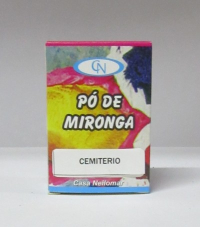 Caixa colorida de Pó de Mironga com texto CEMITERIO