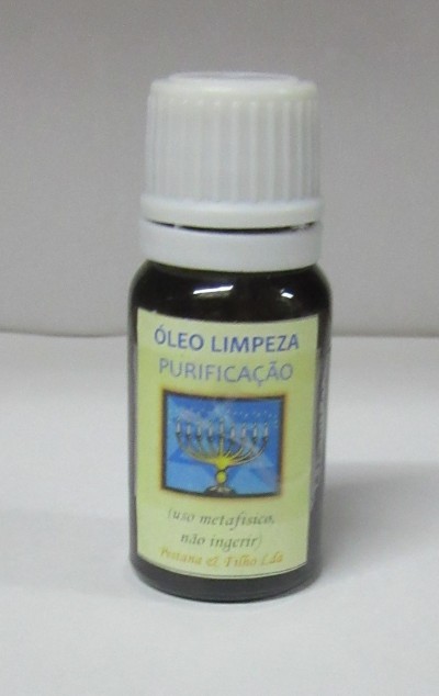 Frasco pequeno de óleo de limpeza e purificação com tampa branca e rótulo com candelabro azul