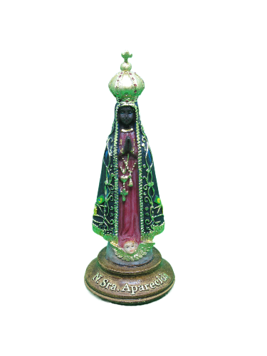 Estatueta de Nossa Senhora Aparecida com manto azul e coroa dourada em resina