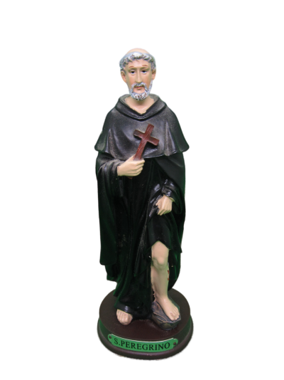 Estátua religiosa de São Peregrino com hábito preto e cruz castanha