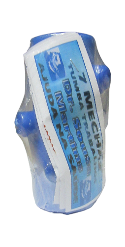 Tubo azul transparente com rótulo branco e azul e texto em português.