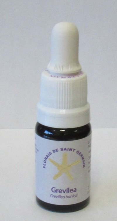 Frasco pequeno com conta-gotas branco e rótulo com texto e imagem de flor