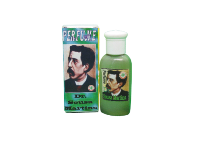 Frasco e caixa verde de perfume Dr. Sousa Martins com imagem de homem