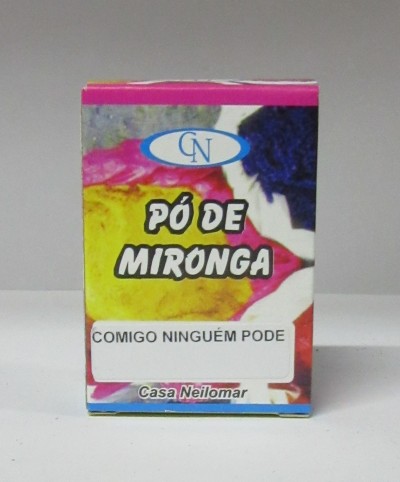 Caixa colorida do produto Pó de Mironga com textos visíveis