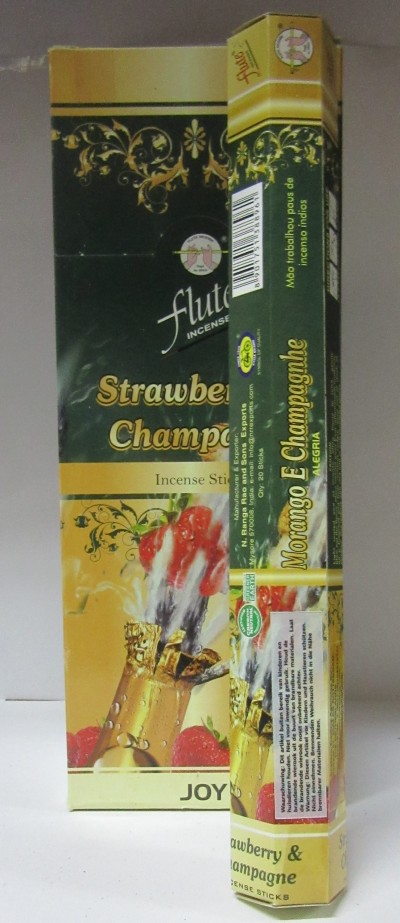 Embalagem dourada de incenso em pau com ilustrações de morangos e champanhe