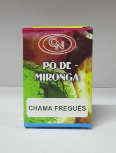 Caixa de Pó de Mironga com etiqueta 'CHAMA FREGUÊS' em fundo branco