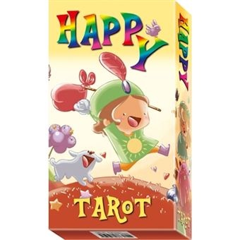 Caixa colorida de tarot HAPPY TAROT com desenho de criança e cão cartoon