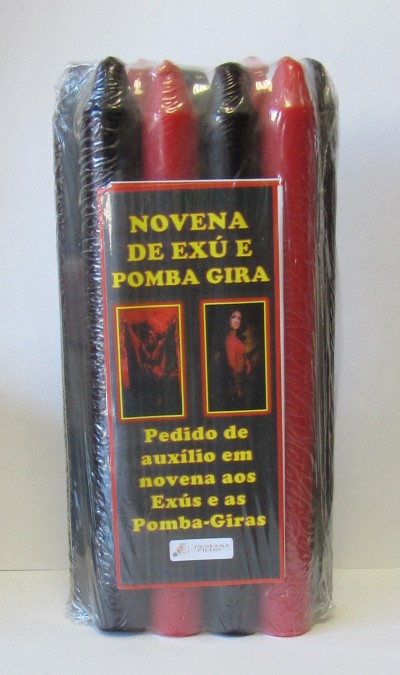 Pacote de quatro velas religosas vermelhas e pretas com rótulo texto NOVENA DE EXÚ E POMBA GIRA