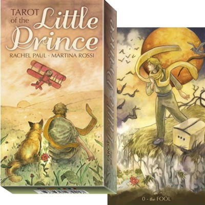 Caixa e carta do Tarot of the Little Prince com arte em tons ocres e texto