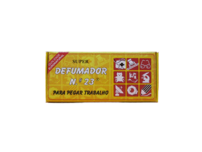 Caixa amarela de Super Defumador N.º 23 com texto e ícones