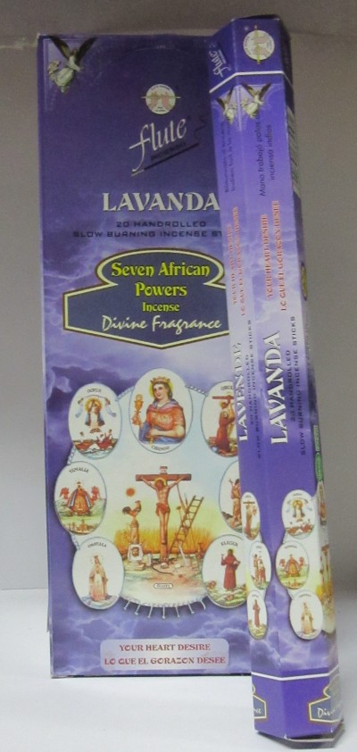 Embalagem roxa de incenso Lavanda com imagens religiosas e texto em inglês e espanhol.