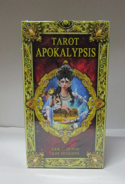 Caixa de baralho Tarot Apokalypsis com moldura dourada e figura feminina central