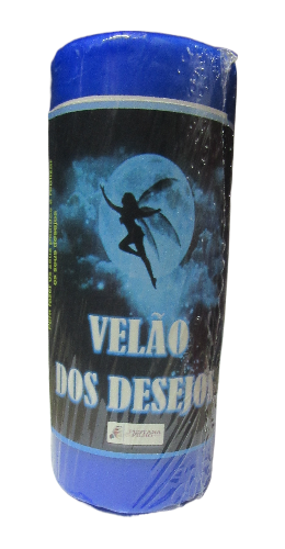 Vela azul com etiqueta preta e texto VELÃO DOS DESEJOS