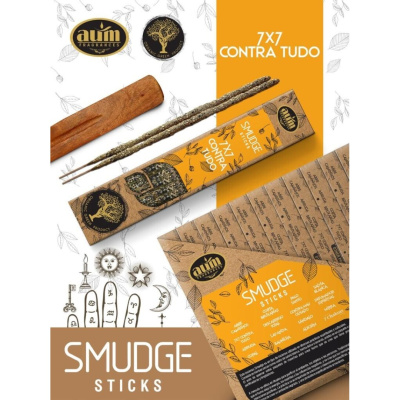 Conjunto de sticks de smudge Aum Fragrances com embalagem castanha e laranja e suporte de madeira