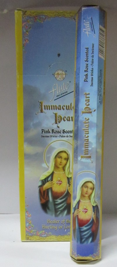 Embalagem de incenso azul com imagem da Virgem Maria e texto Immaculate Heart Pink Rose Scented