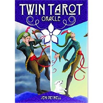 Caixa do baralho Twin Tarot Oracle com ilustração de duas figuras femininas e um cão, texto de título e autor.