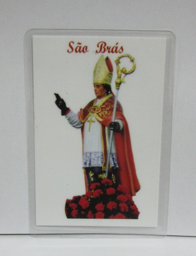Cartão com ilustração de São Brás com casula e mitra, texto 'São Brás' em fundo branco
