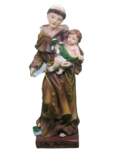 Estátua cerâmica de Santo António com Menino Jesus e base com inscrição