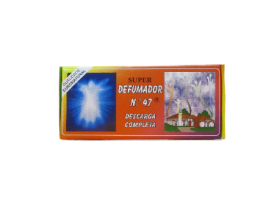 Embalagem colorida do produto Super Defumador N.º 47 com imagens de luz e chaminé