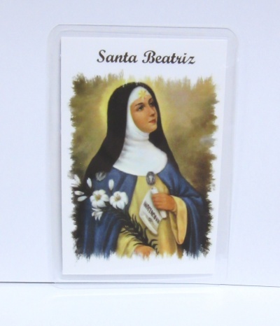 Cartão plástico com imagem de Santa Beatriz em hábito religioso e texto