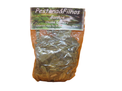 Pacote plástico transparente com folhas secas e rótulo com texto 'Pestana&Filhos Banhos Chama D'Fumeiro'
