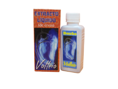 Frasco branco com líquido e embalagem laranja com texto e imagem azul