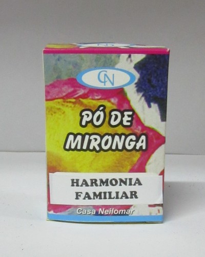 Embalagem de pó de mironga com texto Harmonia Familiar