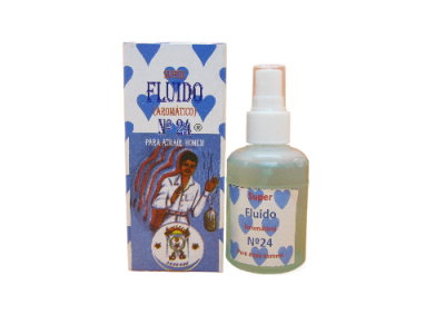 Frasco spray e embalagem de líquido aromático Super Fluido N° 24 com corações azuis