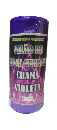 Vela roxa cilíndrica 'Velão de Saint Germain Chama Violeta' com embalagem plástica