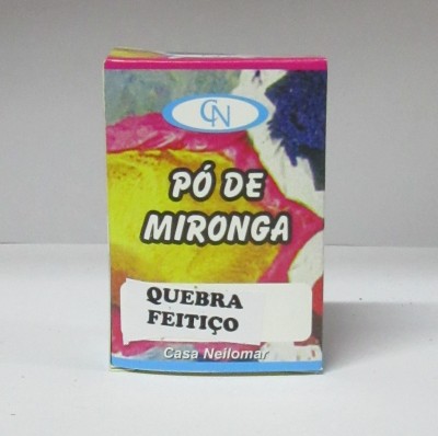 Caixa colorida de Pó de Mironga com texto Quebra Feitiço