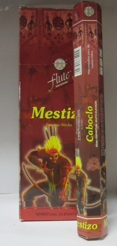 Embalagem de incenso com imagem de índio e textos Mestizo e Caboclo
