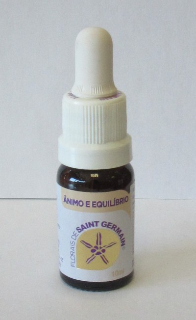 Frasco pequeno de vidro escuro com conta-gotas branco e etiqueta com texto e desenho roxo