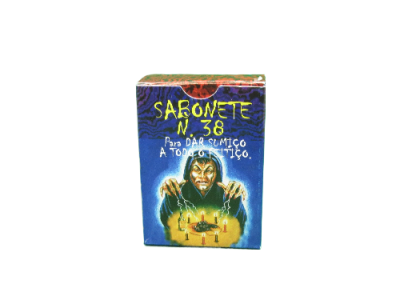 Embalagem de sabonete azul com ilustração de uma mulher e velas acesas