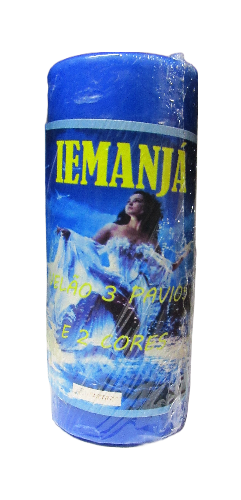 Vela azul embalada com rótulo azul e texto amarelo IEMANJÁ