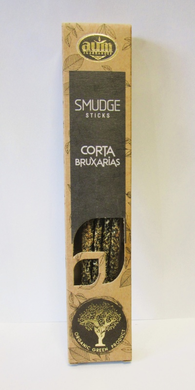 Embalaem retangular de papel castanho com palitos smudge e texto CORTA BRUXARIAS