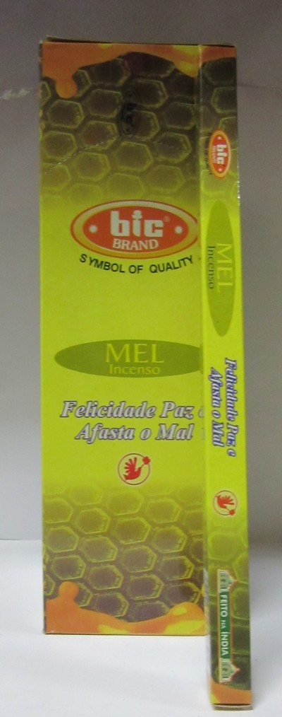 Embalagem de incenso BIC MEL com padrão de favos de mel e texto em português.