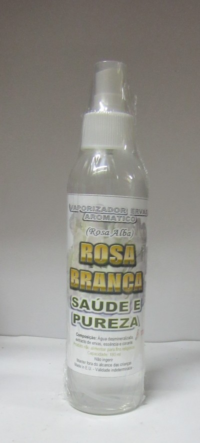 Frasco plástico transparente com pulverizador e rótulo do produto Rosa Branca Saúde e Pureza