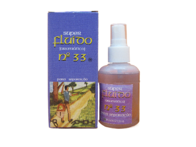 Frasco spray com rótulo rosa e caixa azul com texto e ilustração