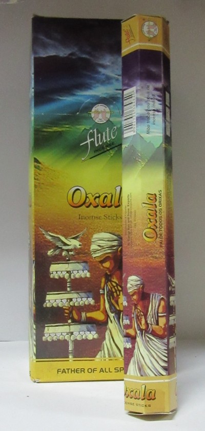 Embalagem de incenso Oxala da marca Flute com ilustração e texto coloridos