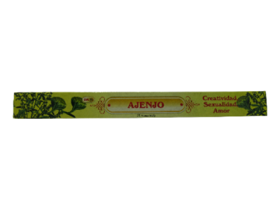 Embalagem de incenso amarelo com texto AJENJO e folhas verdes.