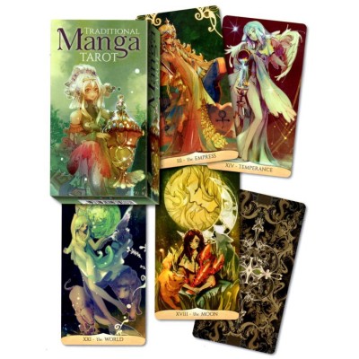 Baralho de cartas TRADITIONAL Manga TAROT com cartas ilustradas e padrão dourado no verso.