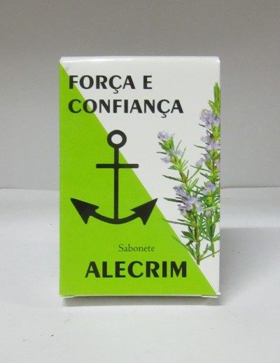 Embalagem de sabonete verde e branca com texto e imagem de alecrim
