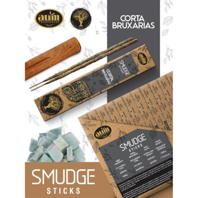 Pacote de sticks de smudge CORTA BRUXARIAS com cristais e escova de madeira