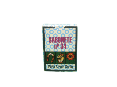 Embalagem de sabonete número 34 com texto e imagens coloridas para atrair sorte