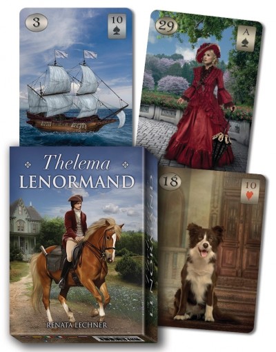 Cartas de tarot Thelema Lenormand com imagens de navio, mulher, cão e cavaleiro