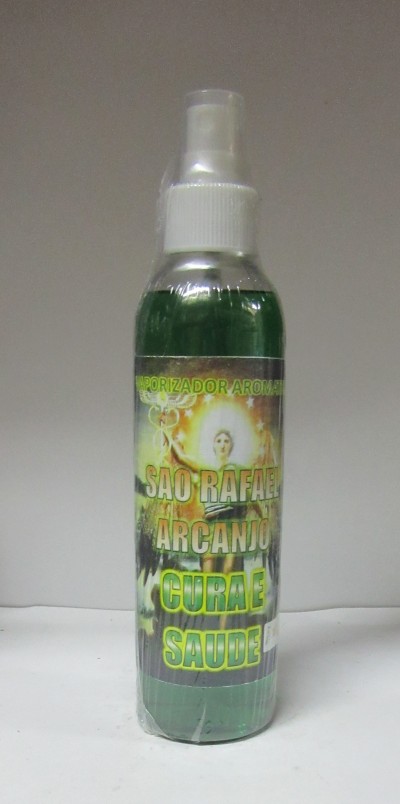 Frasco de spray verde com etiqueta de São Rafael Arcanjo